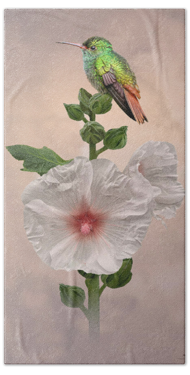 Flower Beach Towel featuring the digital art Hummingbird and Hollyhock by M Spadecaller