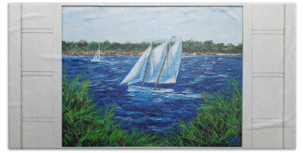 Boat Beach Towel featuring the painting I Spy A Schooner - with frame - Seilglede 5 by C E Dill