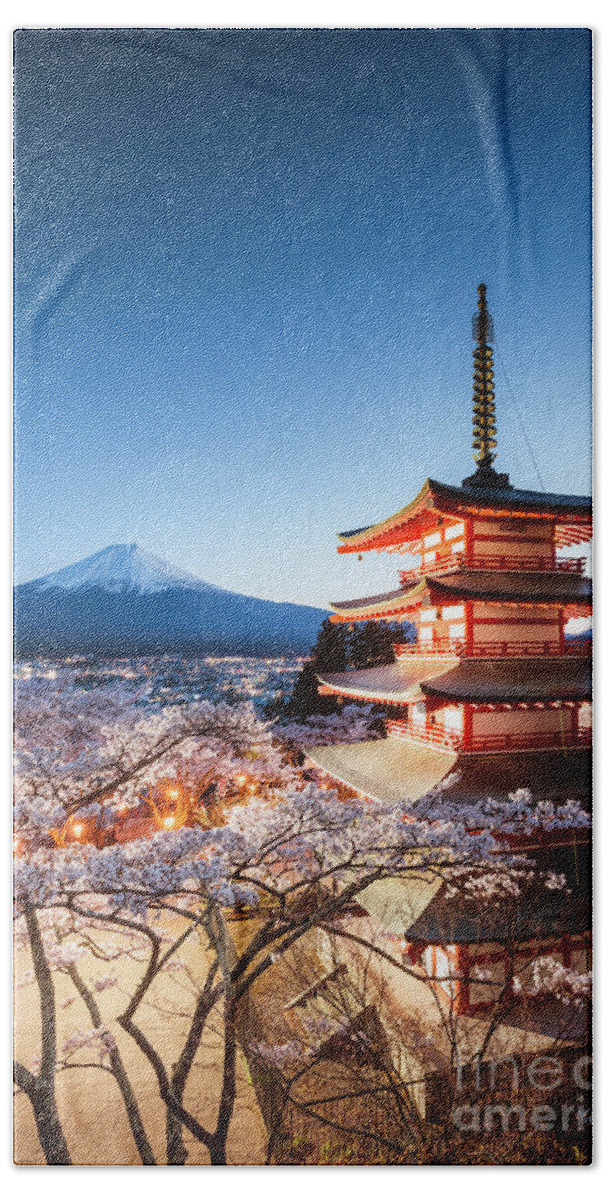 Japan Beach Towel featuring the photograph Iconic pagoda during cherry blossom season, Japan by Matteo Colombo