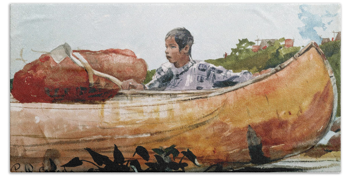 Winslow Homer Beach Towel featuring the drawing Indian Boy with Canoe by Winslow Homer