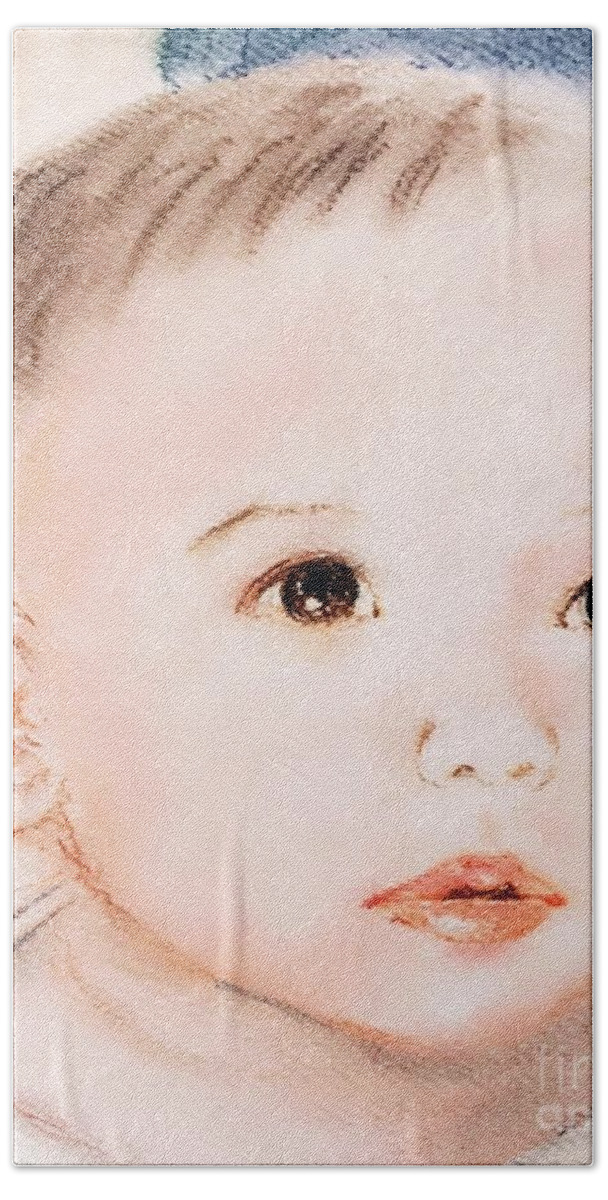 Pastel Drawing Of A Baby's Portrait Beach Towel featuring the drawing Innocence by Lavender Liu