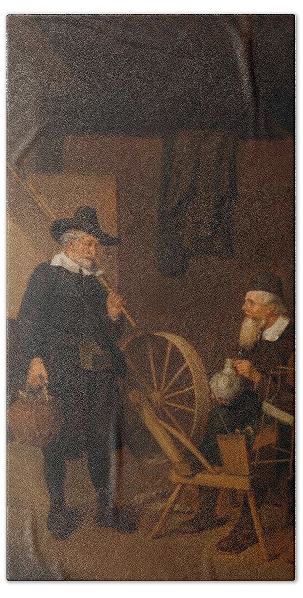 Oil On Panel Beach Towel featuring the painting Interior with Fisherman and Man beside a Bobbin and Spool. by Quiringh Gerritsz van Brekelenkam