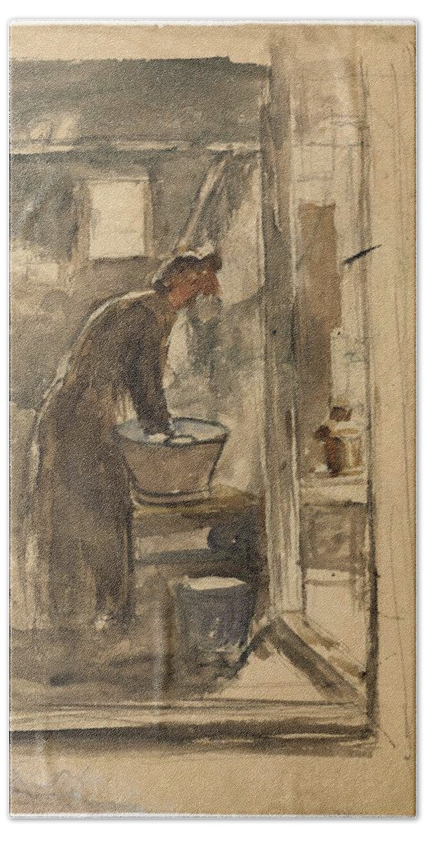 Brush Beach Towel featuring the painting Interior with woman at the washtub. by Jozef Israels