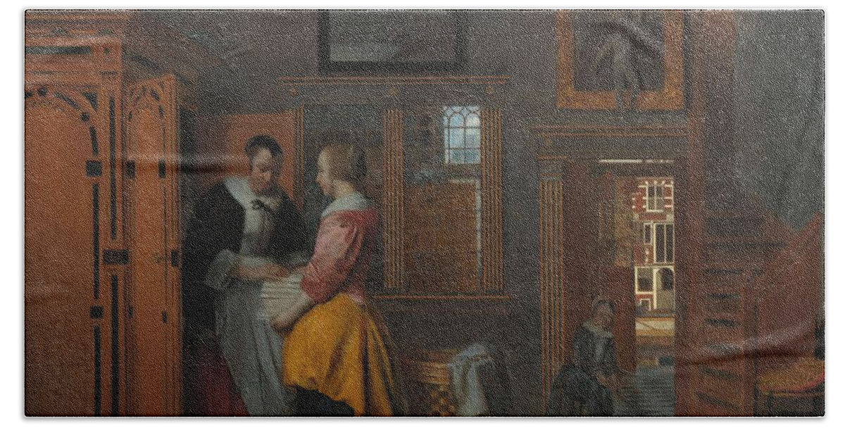 Canvas Beach Towel featuring the painting Interior with Women beside a Linen Cupboard. Interior with Women beside a Linen Chest. by Pieter De Hooch