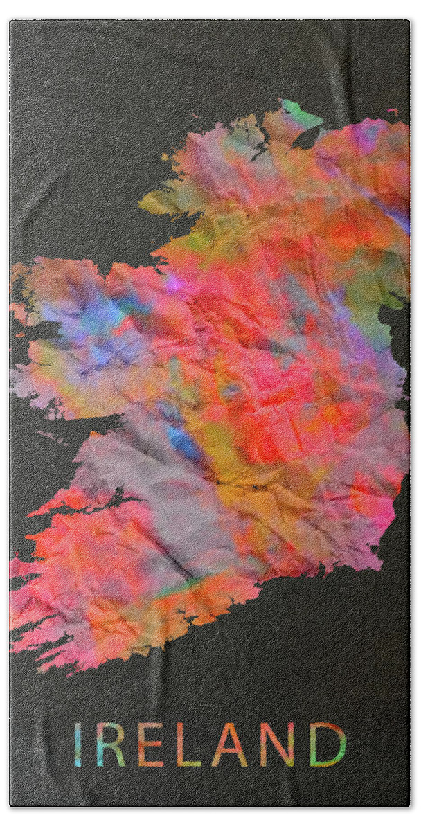 Ireland Beach Towel featuring the mixed media Ireland Tie Dye Country Map by Design Turnpike