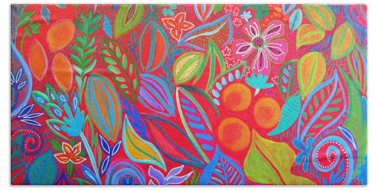 It's A Beautiful Day Today Painting By A Hillman Tropical Island Paradise Hana Maui Hawaii Psalm 118 This Is The Day The Lord Has Made Rejoice And Be Glad In It Whimsical Naïve Fruit Branches Leaves Spring Summer Oranges Lemons Hibiscus Acrylic Floral Flowers Mandevilla Bold Brilliant Rejoicing In This Day Joy Bright Bold Color Abstract Design Pattern Red Background Summer Fruits Oranges Lemons Praise To The King Of Kings And Lord Of Lords Yeshua Messiah Savior Healer Yahweh Jesus Yah Alleluia Beach Towel featuring the painting It's a Beautiful Day Today by A Hillman