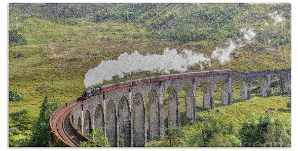 Jacobite Steam Train Beach Towel featuring the photograph Jacobite Steam Train Glenfinnan Viaduct by Alba Photography