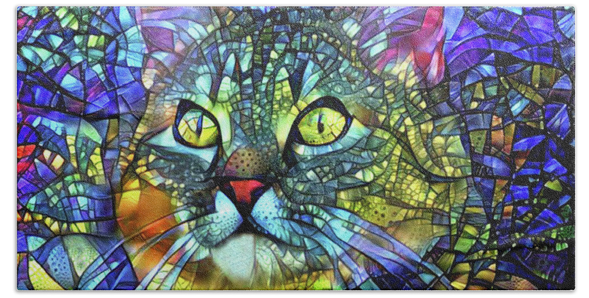 Stained Glass Beach Towel featuring the digital art Jake the Tabby Cat Stained Glass by Peggy Collins