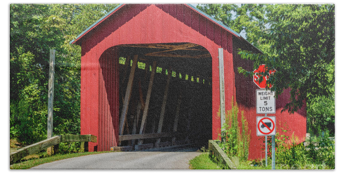 James Beach Towel featuring the photograph James Covered Bridge - Commiskey - Indiana by Gary Whitton