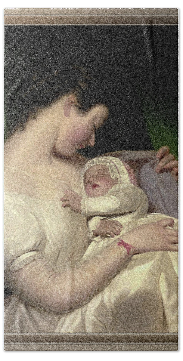 Elizabeth Sant Beach Towel featuring the painting James Sant's Wife Elizabeth With Their Daughter Mary Edith by James Sant by Rolando Burbon