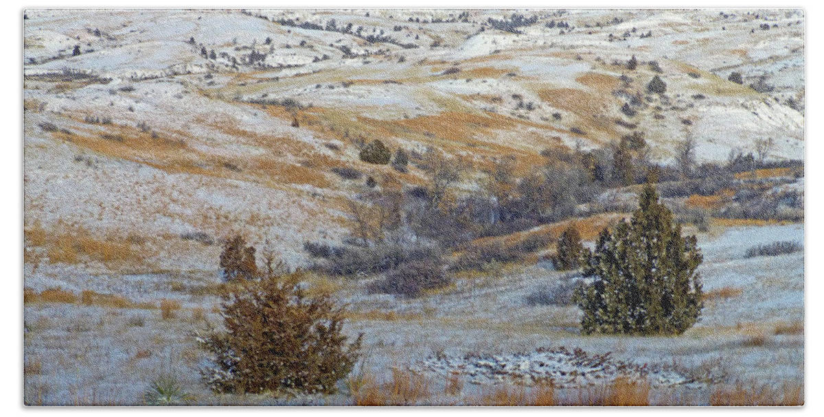 North Dakota Beach Towel featuring the photograph January Grasslands and Badlands by Cris Fulton