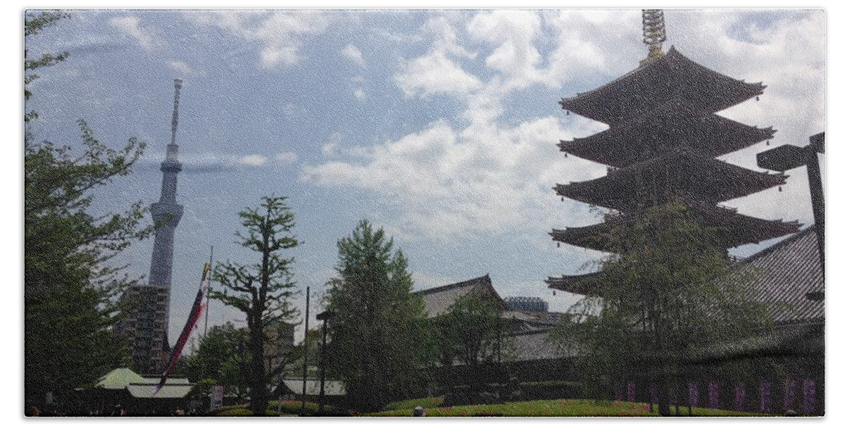 Japan Beach Towel featuring the photograph Japan Asakusa Shrine and Sky Tree by Minori Connery