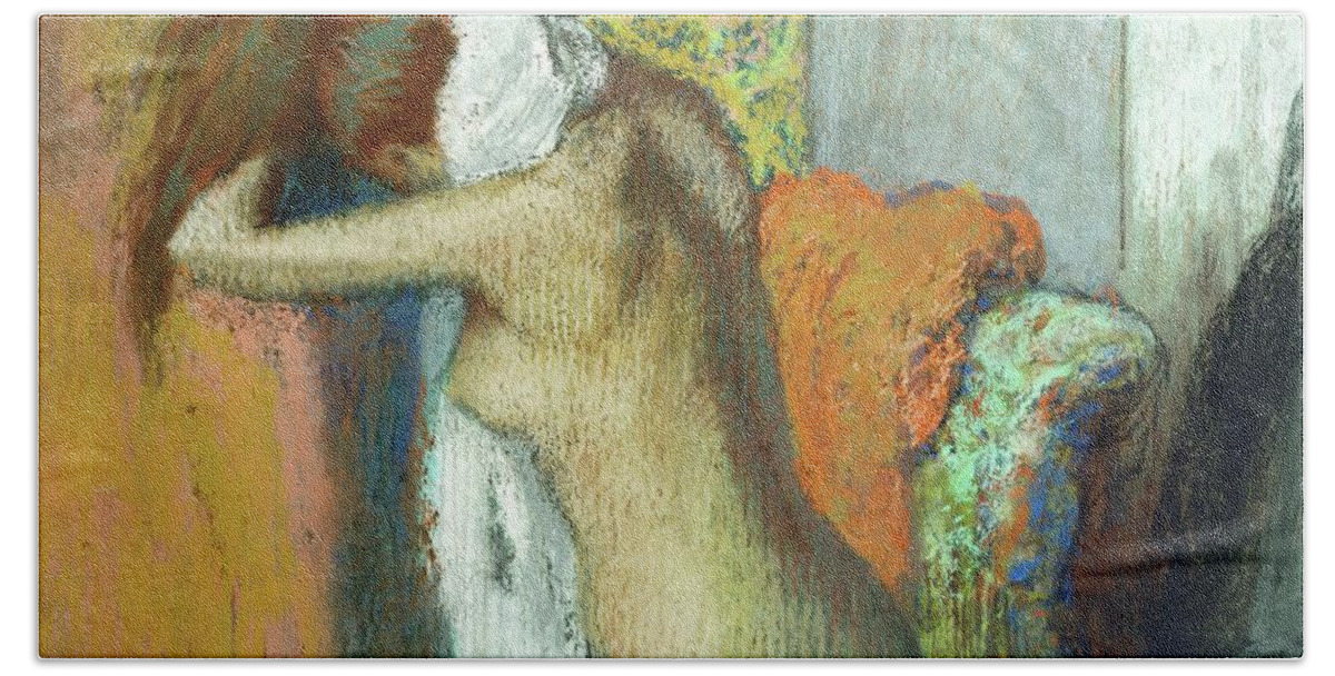 Edgar Degas Beach Towel featuring the painting Jeune femme se sechant la nuque, 1895 Young woman drying her neck. RF 4044. by Edgar Degas -1834-1917-
