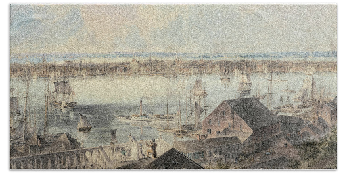 John William Hill Beach Towel featuring the painting John William Hill -Londres, 1812-West Nyack, 1879-. View of New York from Brooklyn Heights -ca. 1... by John William Hill -1812-1879-