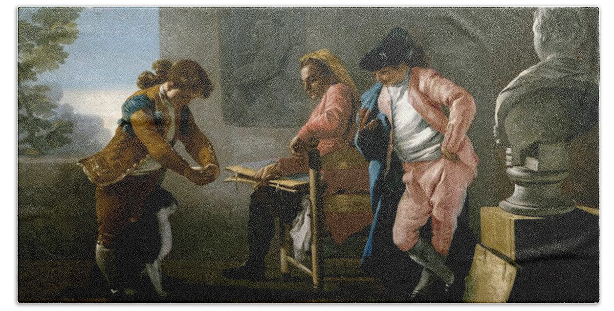 Drawing Study. Boys Playing With A Cat Beach Towel featuring the painting Jose del Castillo 'Drawing Study. Boys playing with a Cat, or the Painter's Studio', 1780. by Jose del Castillo -1737-1793-