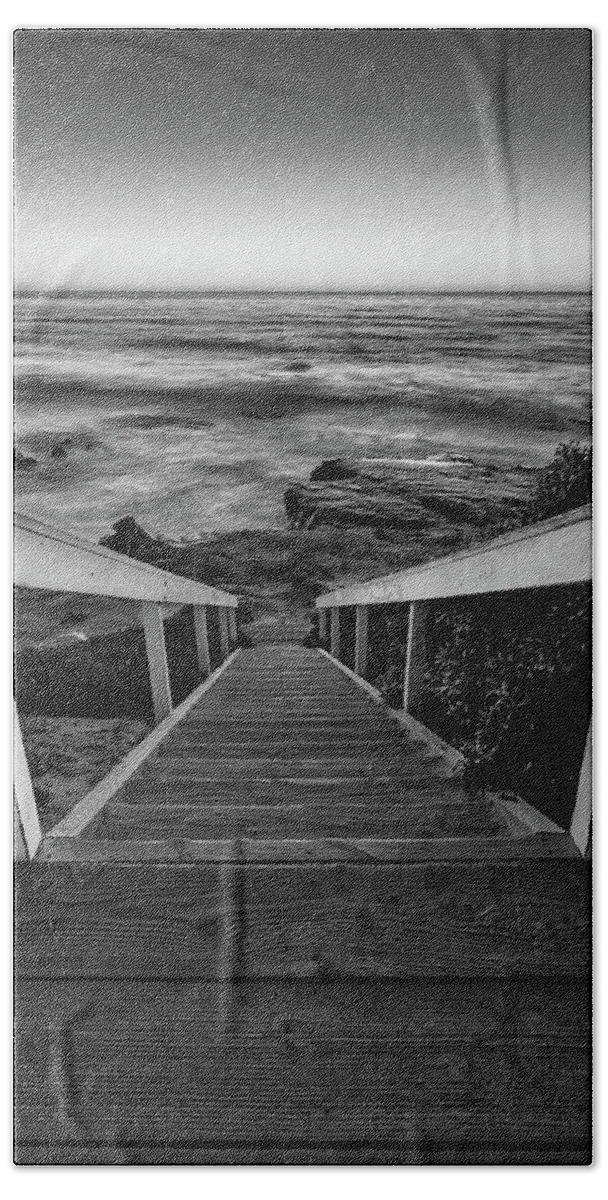 Beach Art Beach Sheet featuring the photograph Just Steps to the Sea  Black and White by Peter Tellone