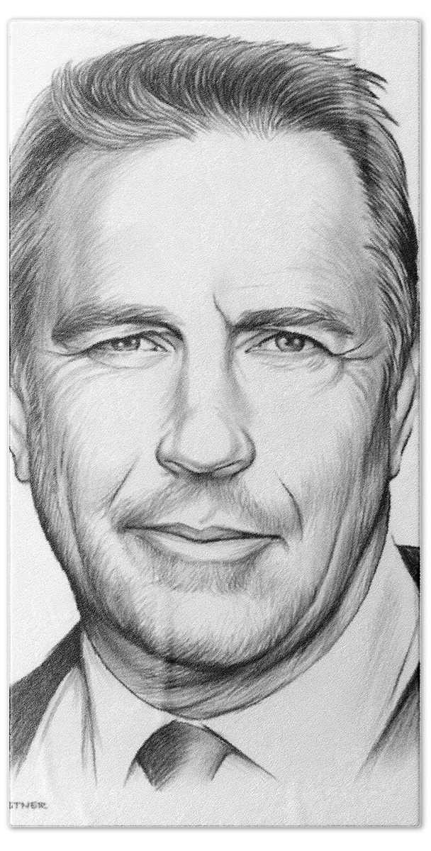 Kevin Costner Beach Towel featuring the drawing Kevin Costner by Greg Joens