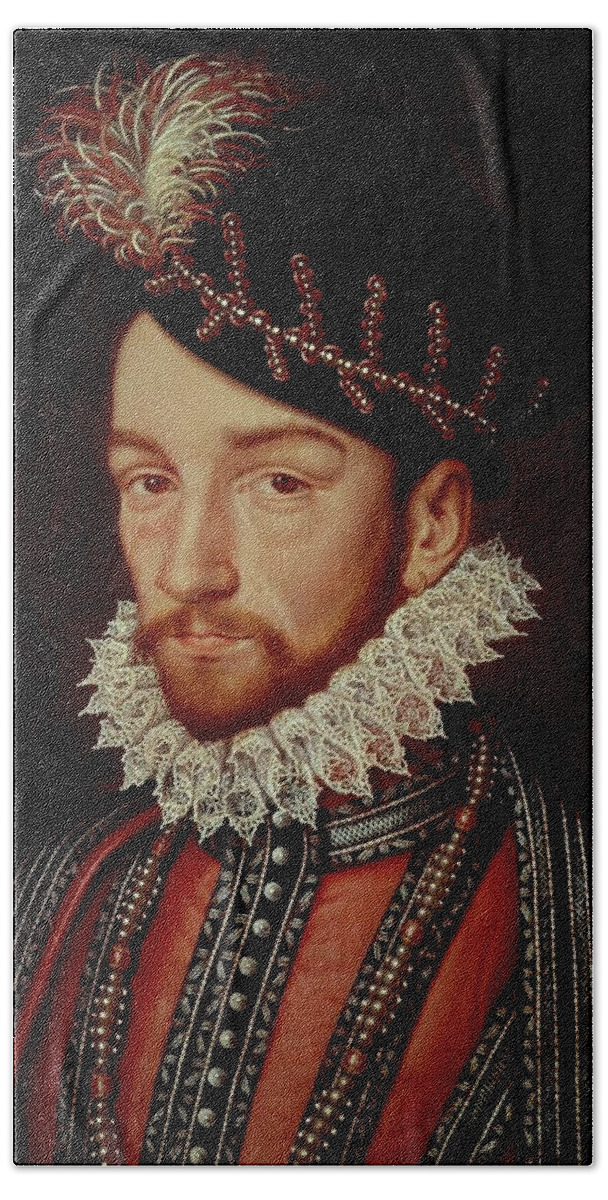 16 16th Xvi Xvith Sixteenth Century Beach Towel featuring the painting King Charles IX of France 1550-74, 1561, oil on panel. by Francois Clouet -c 1520-1572-