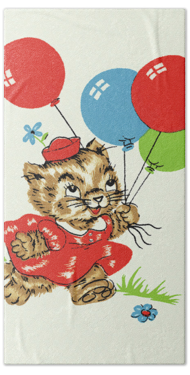 Animal Beach Towel featuring the drawing Kitten Carrying Balloons by CSA Images