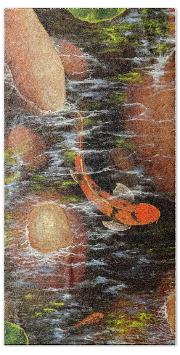 Fish Beach Towel featuring the painting Koi Pond Left Side by Darice Machel McGuire