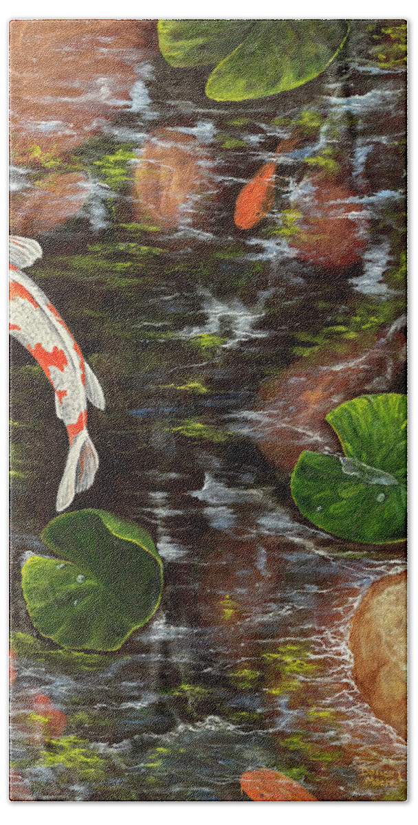 Fish Beach Towel featuring the painting Koi Pond Right Side by Darice Machel McGuire
