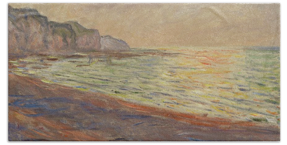 Claude Monet Beach Towel featuring the painting La plage a Pourville, soleil couchant -Beach at Pourville, sunset- Oil on canvas, 1882 60 x 73 cm. by Claude Monet -1840-1926-