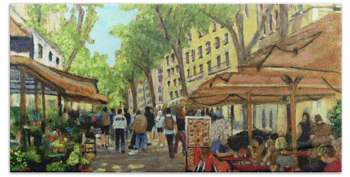 Outdoor Cafe Beach Towel featuring the painting La Rambla by David Zimmerman