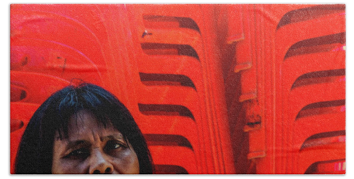 Red Beach Towel featuring the photograph Lady with red chairs by Jeremy Holton