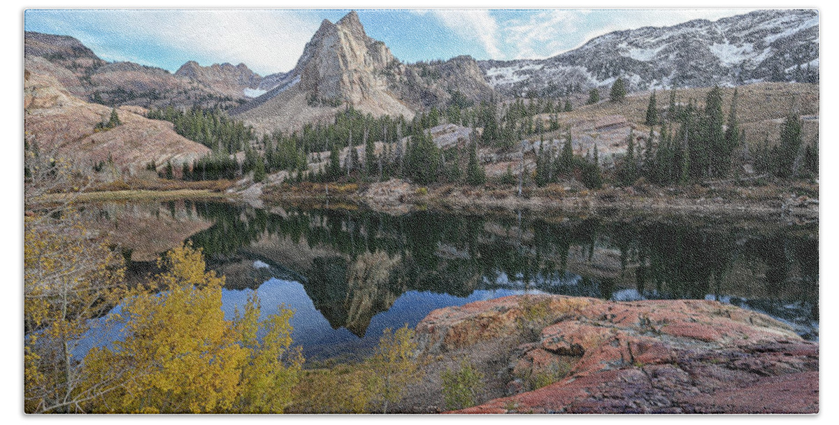 Utah; Landscape; Aspen; Autumn; Fall; Foliage; Granite; Yellow; Golden; Orange; Glow; Blue; Leaves; Wasatch Mountains; Little Cottonwood Canyon; Beach Towel featuring the photograph Lake Blanche and the Sundial - Big Cottonwood Canyon, Utah - October '06 by Brett Pelletier