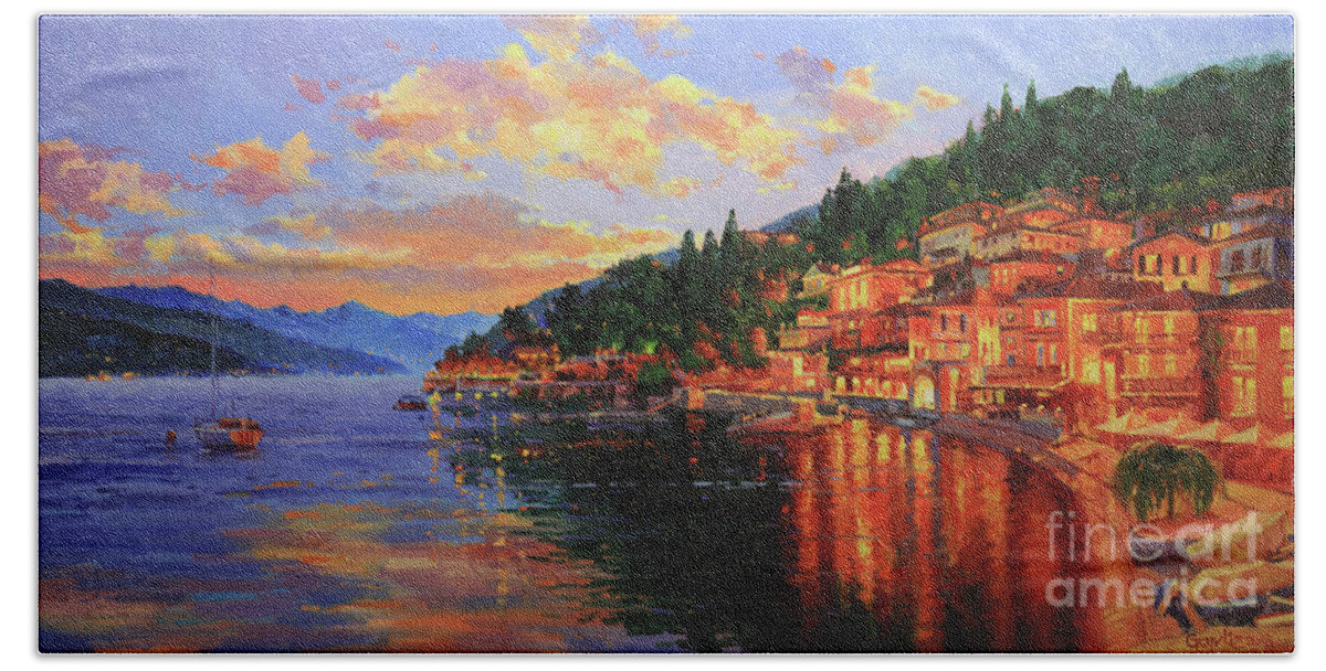 Italy Lake Como Bellagio Sunset Lake Lakecomo Sunset Dusk Sky Clouds Village Water Photographs Lake Como Original Italy Oil Painting Bellagio Sunset Lake Alps Lago Como Sky Clouds Buildings City Town Village Water Wall Art Framed Prints Old Village Paintings Landscape Cityscape Scenic Romantic Tuscany Oil Landscape Poppy Olive Village Chianti Wall Art Posters Tuscany Old Village Paintings Landscape Cityscape Scenic Romantic Europe European Artist Gary Kim Canvas Original Oil Painting Art Beach Towel featuring the painting Lake Como Sunset by Gary Kim