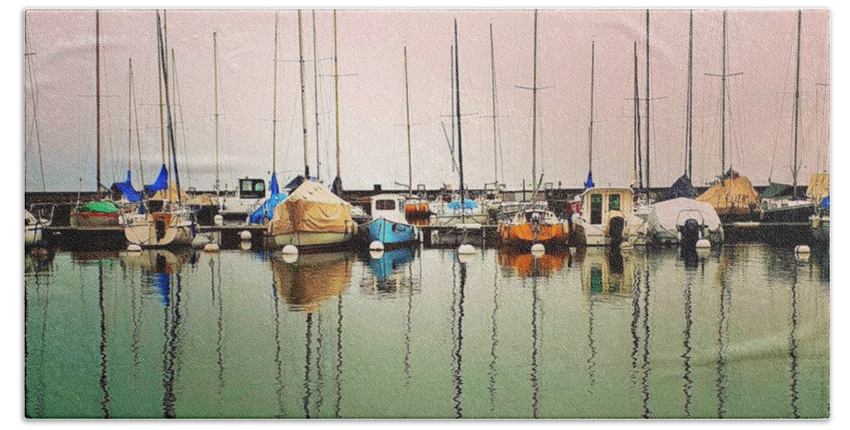 Harbor Beach Towel featuring the photograph Boats in the Fog by Andrea Whitaker