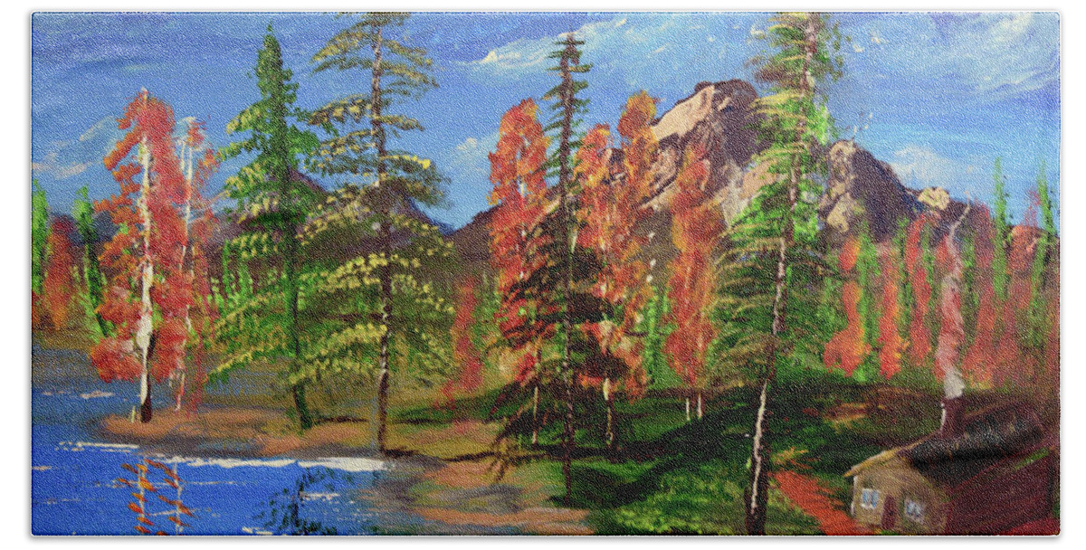 Lake Beach Towel featuring the painting Lakeside Cabin by Chance Kafka