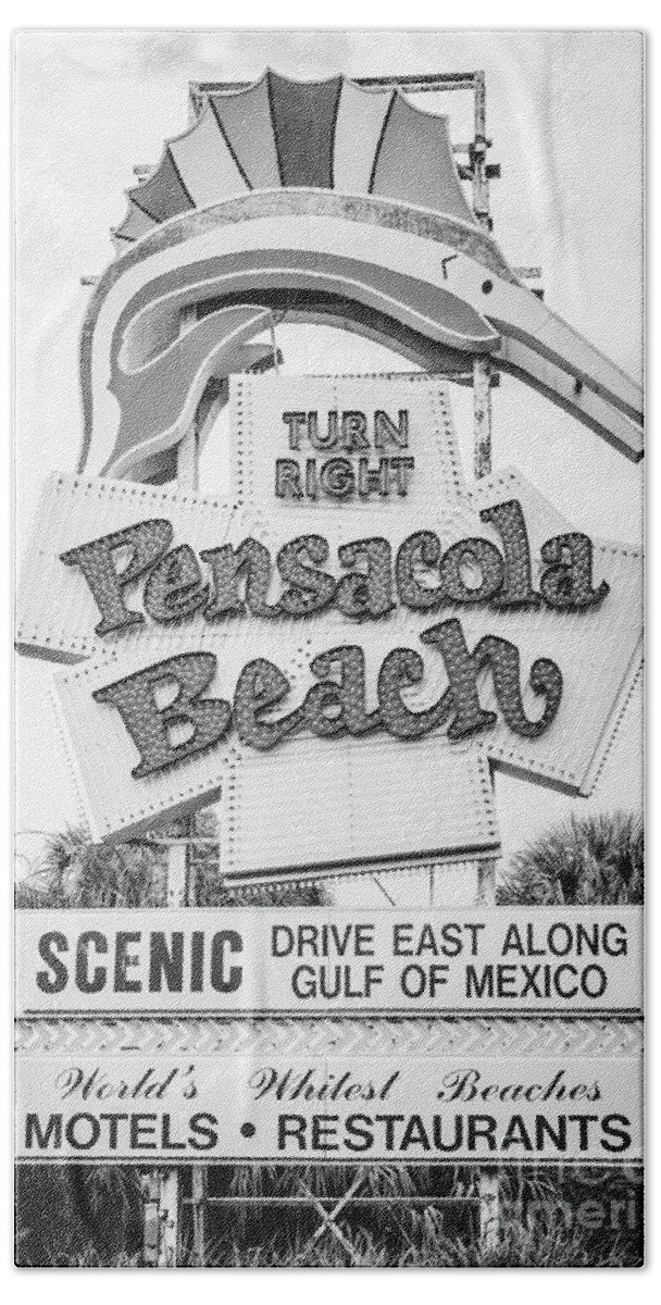 America Beach Towel featuring the photograph Landmark Pensacola Beach Sign Black and White Photo by Paul Velgos