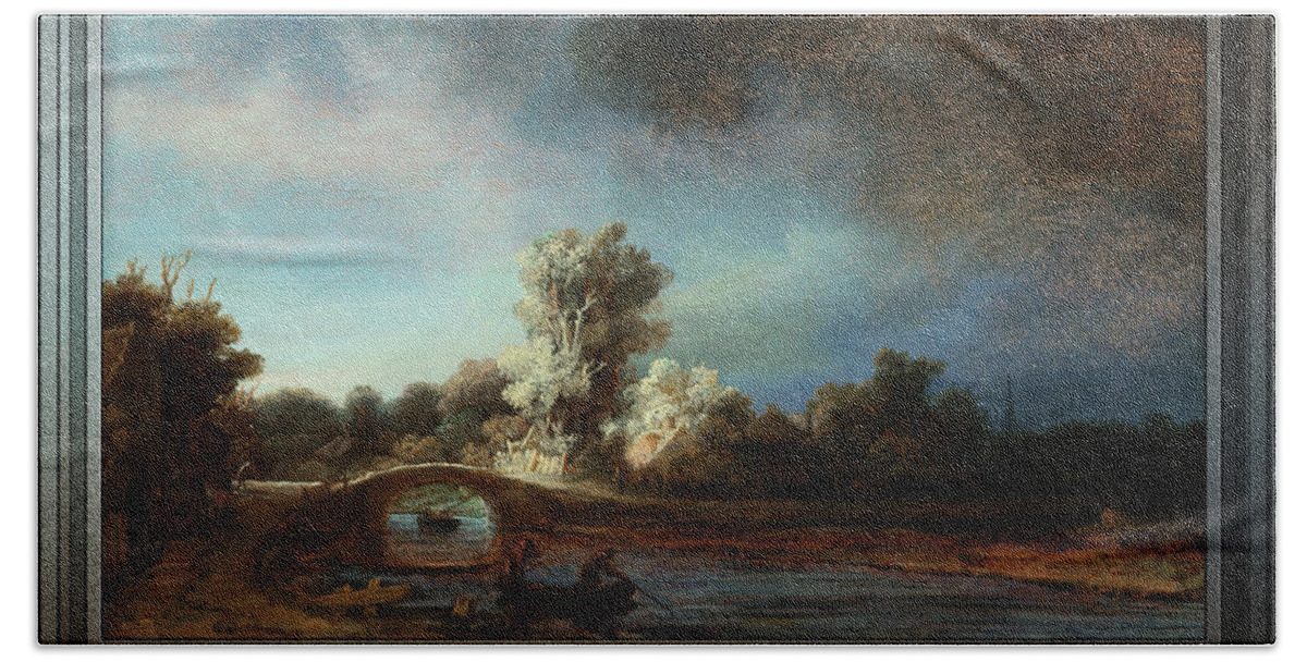 Landscape With A Stone Bridge Beach Towel featuring the painting Landscape with a Stone Bridge by Rembrandt van Rijn by Rolando Burbon