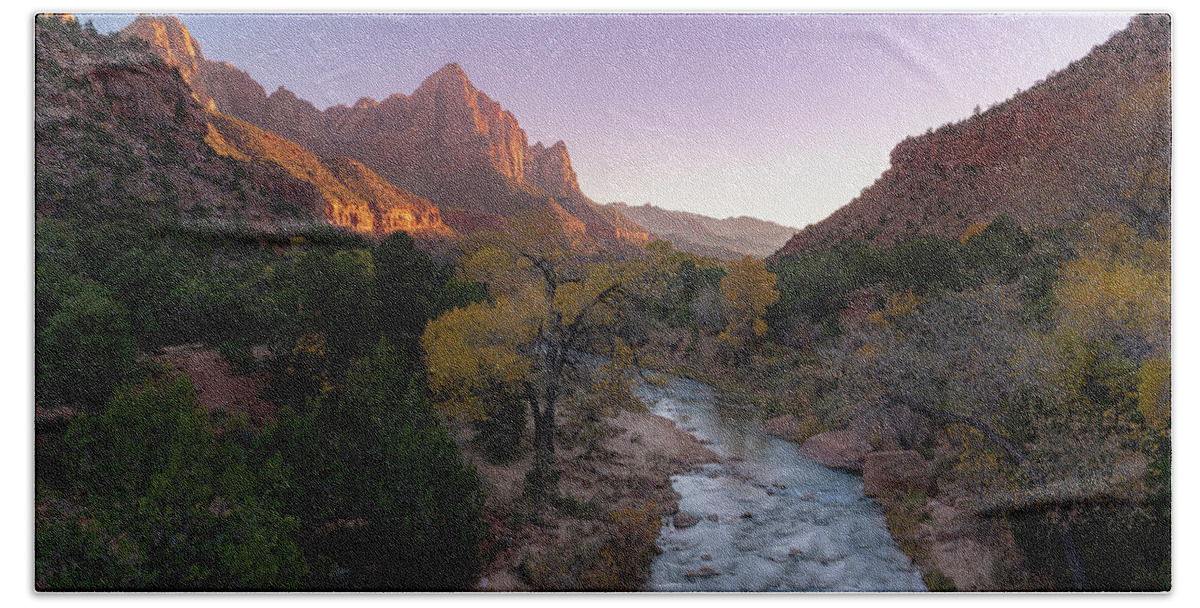 Zion National Park Beach Towel featuring the photograph Last light at Zion by Arthur Oleary