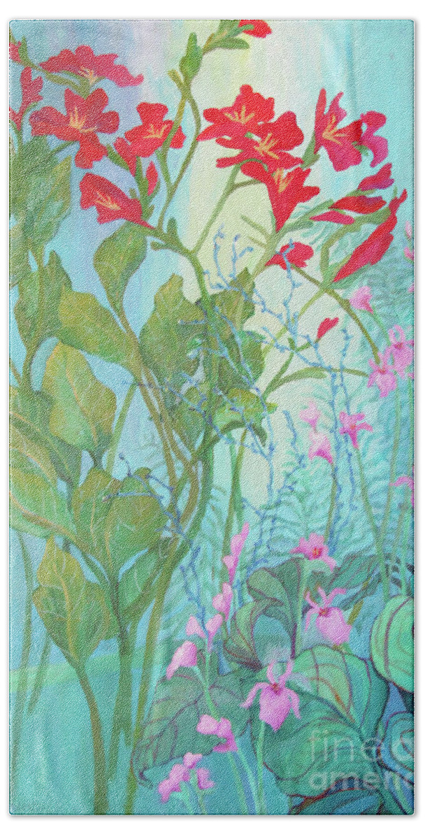 Red Flowers Beach Towel featuring the painting Laura's Garden Three by Sharon Nelson-Bianco