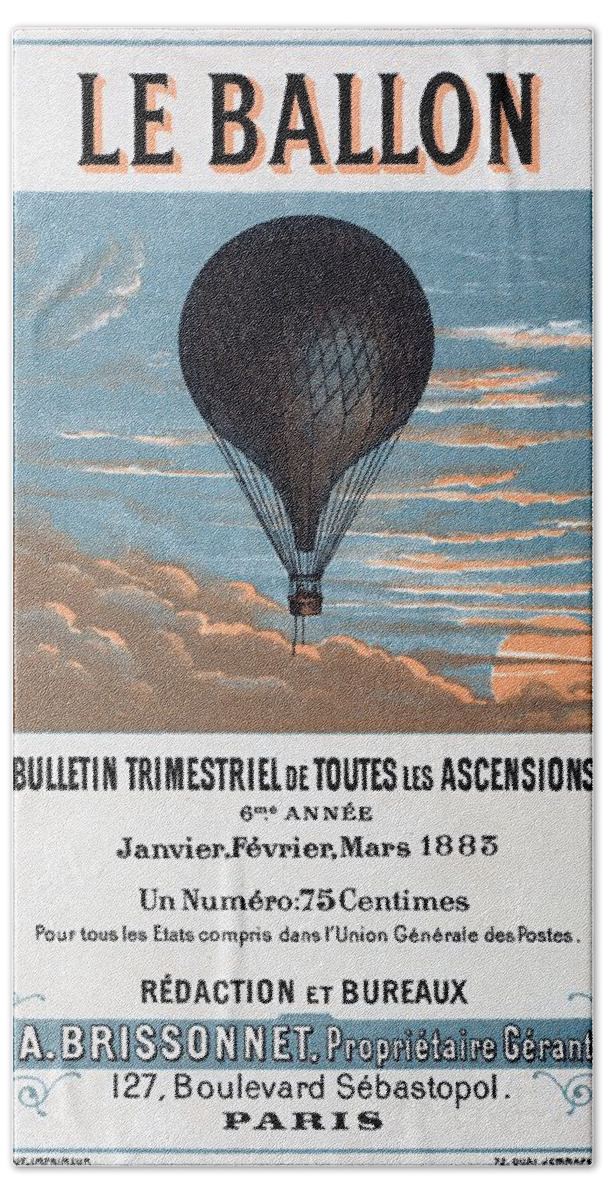 Le Ballon Poster Beach Towel featuring the painting Le Ballon aeronautical journal, 1883 french poster by Vincent Monozlay