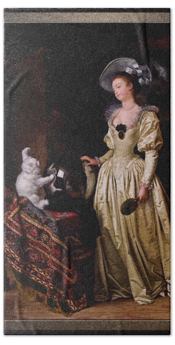 Le Chat Angora Beach Towel featuring the painting Le Chat Angora by Marguerite Gerard and Jean-Honore Fragonard by Rolando Burbon