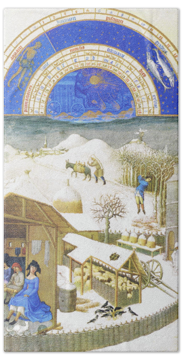 Middle Ages Beach Towel featuring the painting Le Tres riches heures du Duc de Berry - February by Limbourg brothers