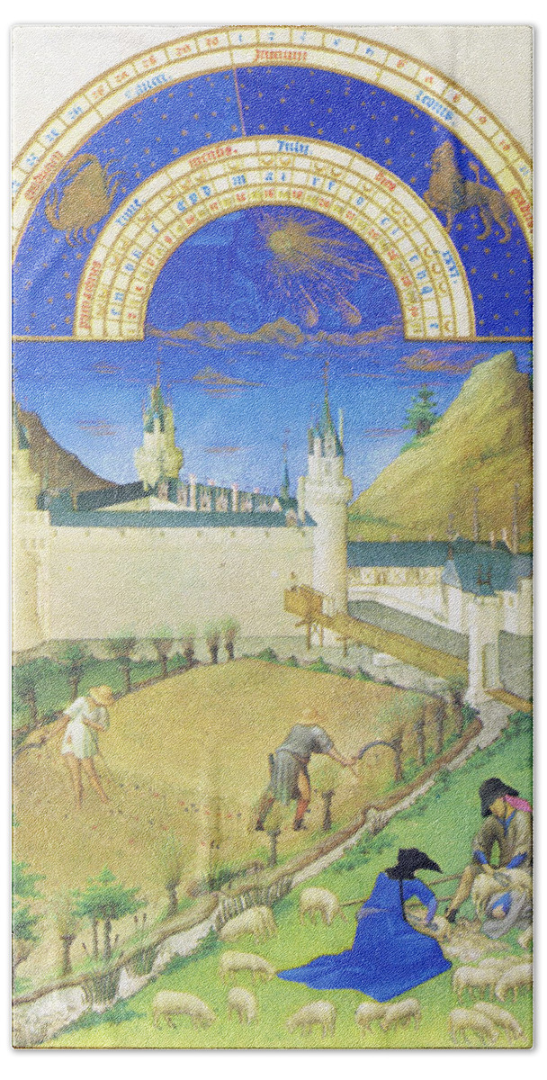Middle Ages Beach Towel featuring the painting Le Tres riches heures du Duc de Berry - July by Limbourg brothers