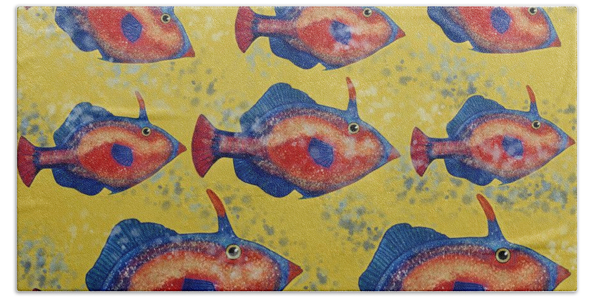Fish Beach Towel featuring the mixed media Leather Jacket School by Joan Stratton