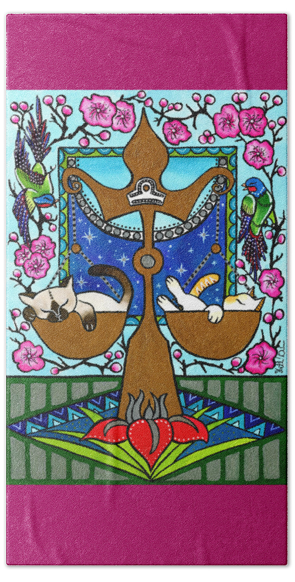 Zodiac Beach Towel featuring the painting Libra Cat Zodiac by Dora Hathazi Mendes