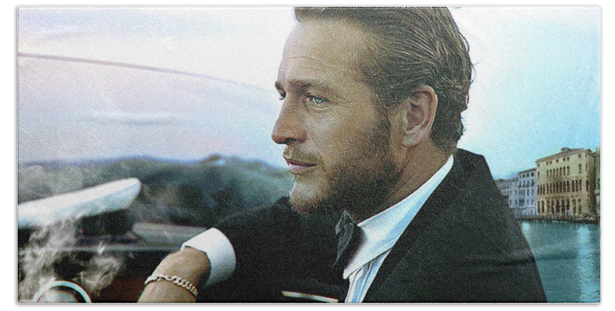 Paul Newman Beach Towel featuring the mixed media Life is a Journey, Paul Newman, movie star, cruising Venice, enjoying a Cuban cigar by Thomas Pollart
