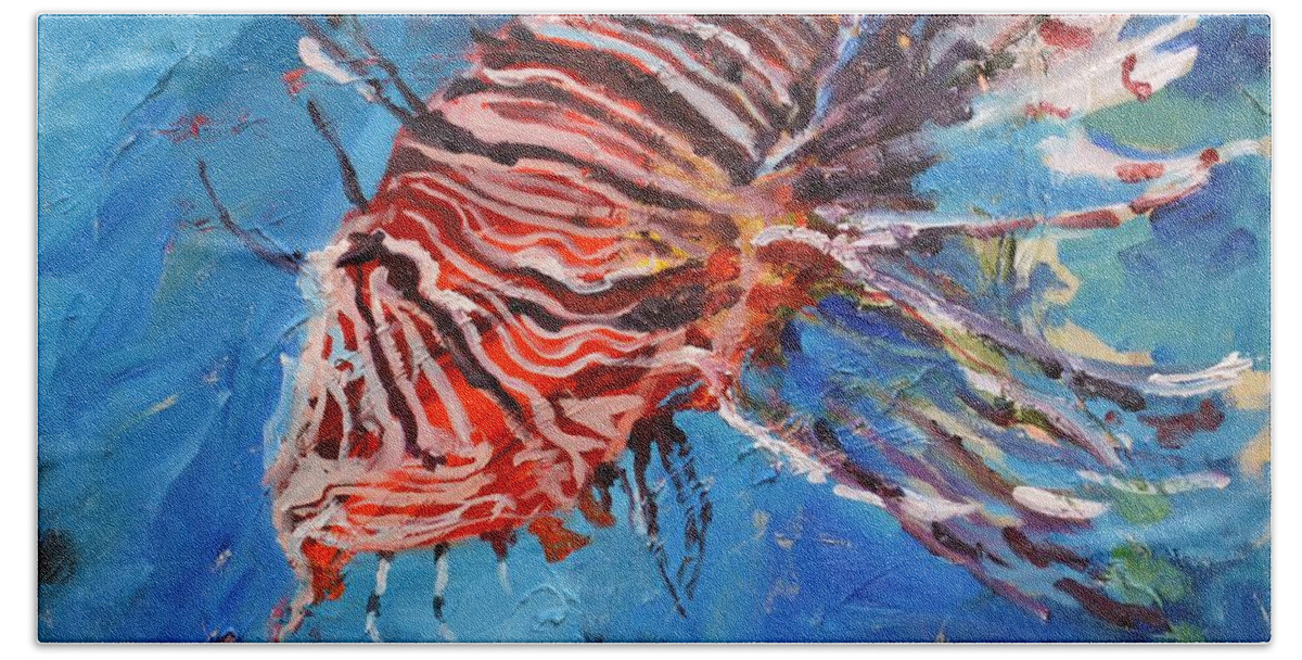 Pterois Beach Towel featuring the painting Lionfish Painting by Donna Tuten
