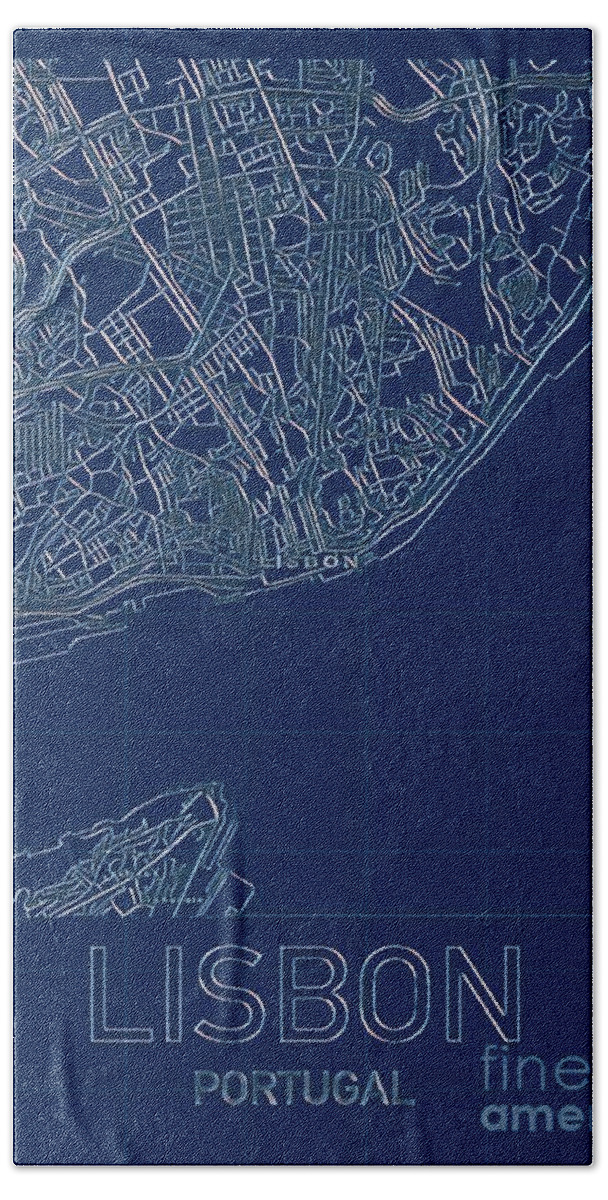 Lisbon Beach Towel featuring the digital art Lisbon Blueprint City Map by HELGE Art Gallery