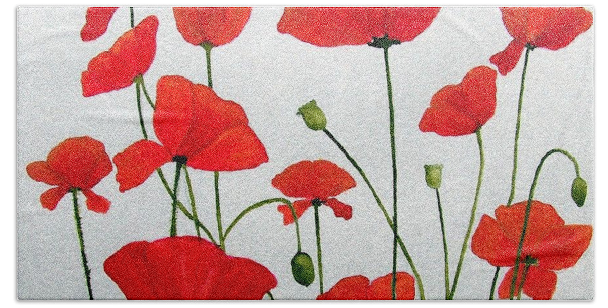 Red Beach Towel featuring the painting Litter of Poppies by Jackie Mueller-Jones