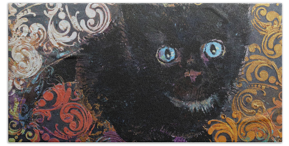 Halloween Beach Towel featuring the painting Little Black Kitten by Michael Creese