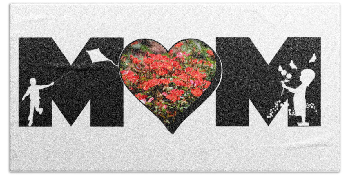 Mom Beach Towel featuring the photograph Little Girl and Boy Silhouette in Mom Big Letter with Cluster of Red Roses in Heart by Colleen Cornelius