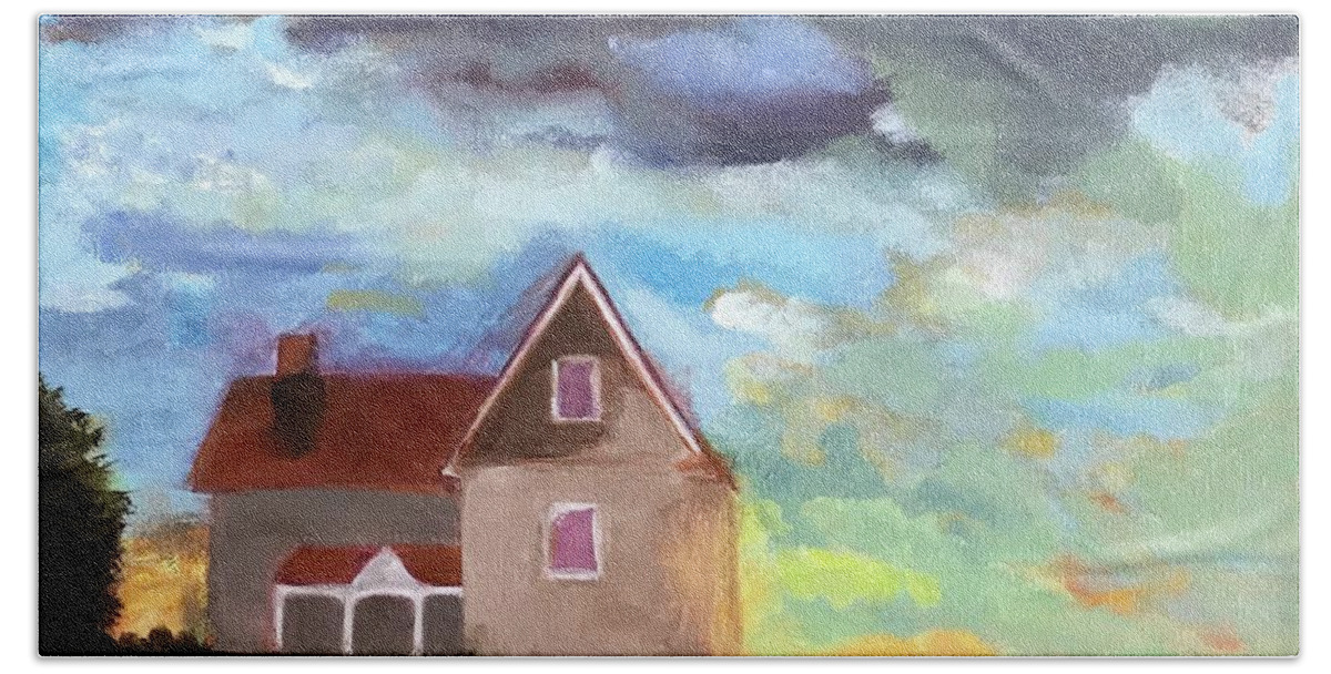 Original Art Work Beach Towel featuring the painting Little House On A Hill by Theresa Honeycheck
