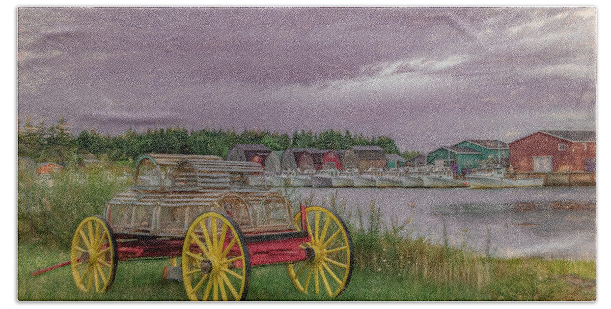 Pei Beach Towel featuring the photograph Lobster Crate Wagon of Malpeque by Marcy Wielfaert